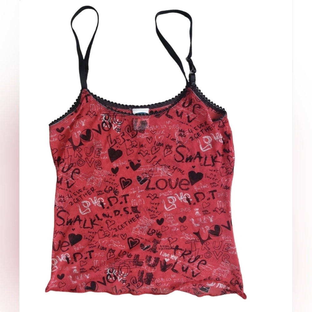 Old Navy Red Love-Print Lace-Trim Cami with Black Straps